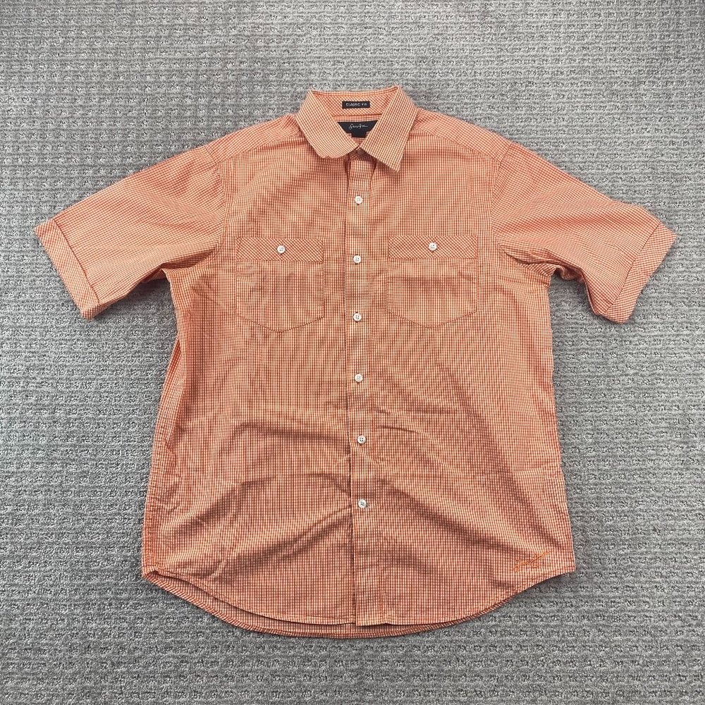 Sean John Shirt Men Medium M Orange White Checkered Button Up Classic Fit Diddy
